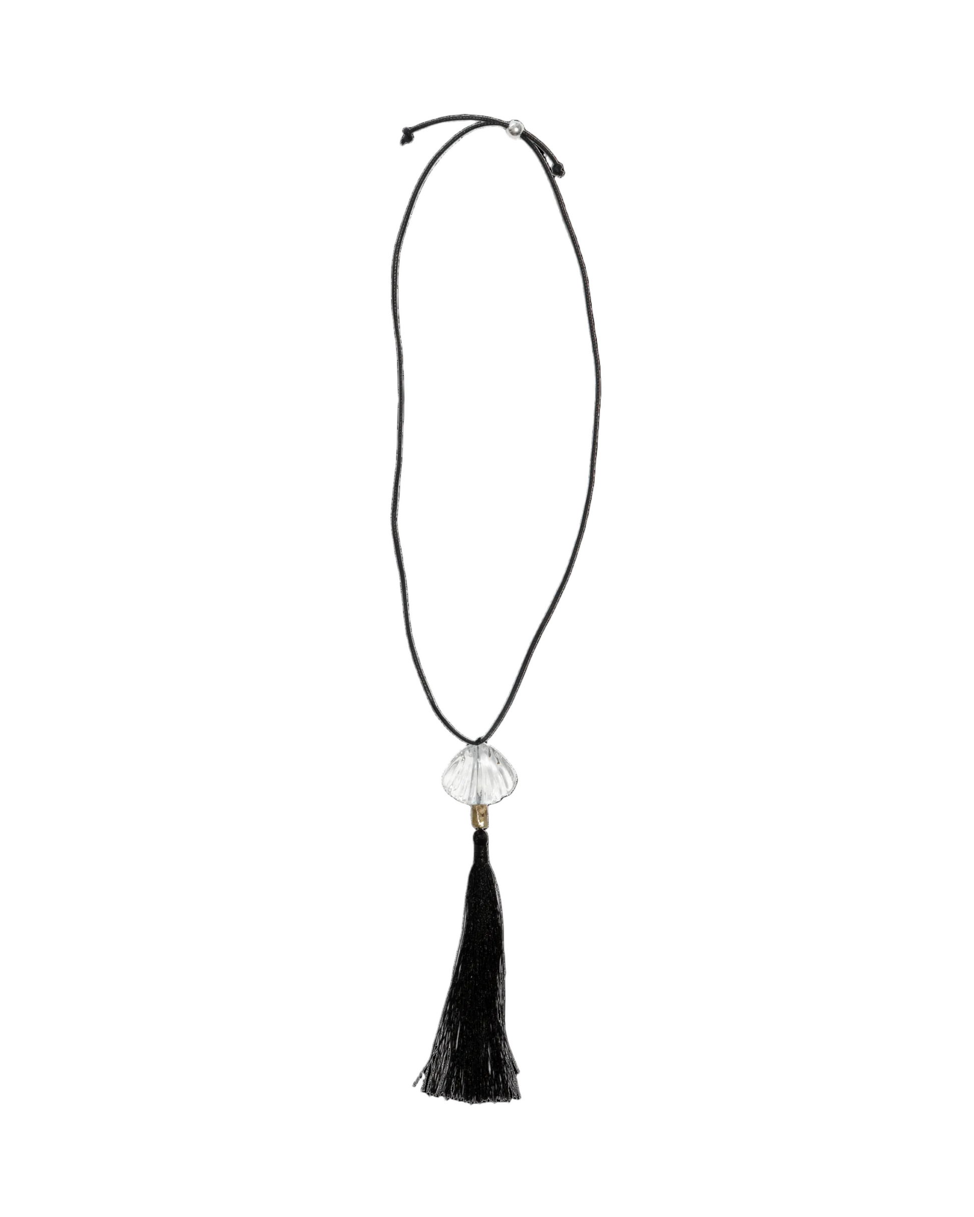 Necklace with a black tassel and glass pendant on a white background